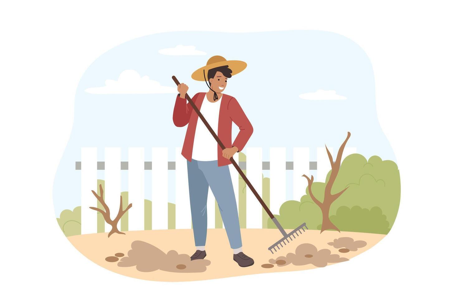 Positive man farmer takes care of territory of country house, uses rake to plant trees vector