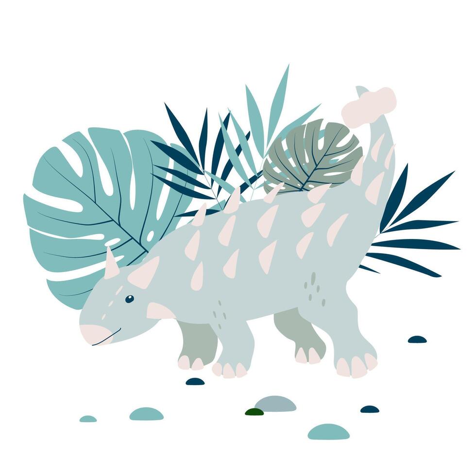 Dinosaur in armor Ankylosaurus with palm and monsterrra leaves, t shirt print design, poster, card, party invitation vector