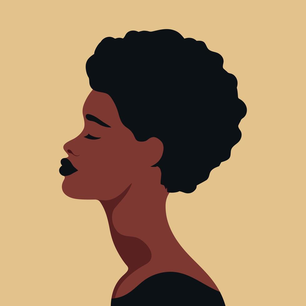 Beautiful African woman with eyes closed portrait. Young female with short curly hair abstract profile avatar vector