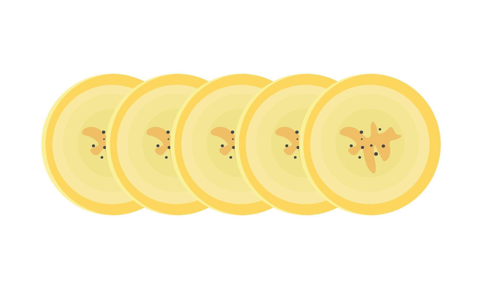 Five banana fruit slices in flat style isolated on white background. Cartoon banana vector