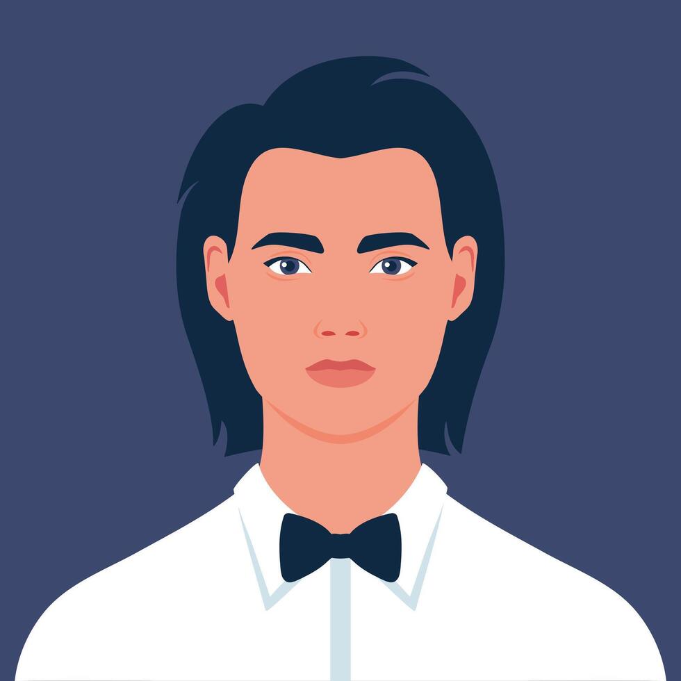 Portrait of a young man with long hair in a shirt with bow tie. Avatar for social media vector