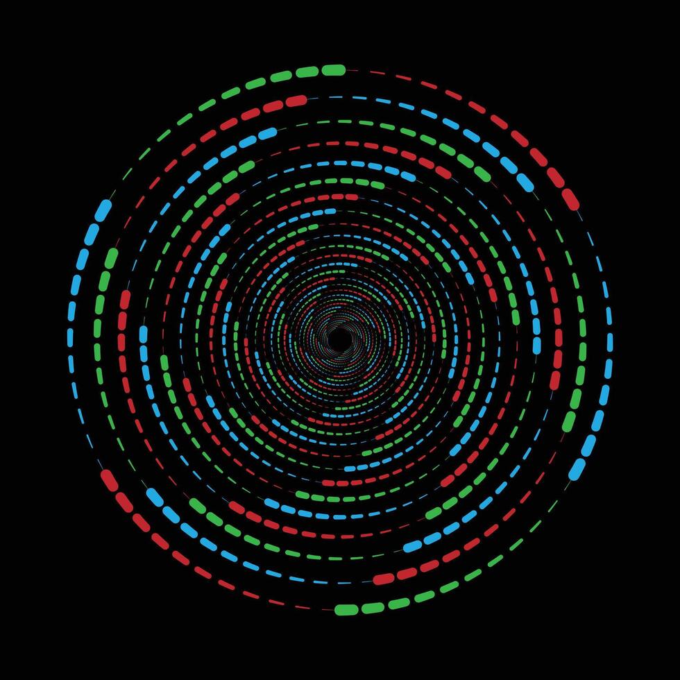 Concentric circles of red, green, and blue oblong dots spiral inward on a black background, creating a hypnotic, tunnellike effect. vector