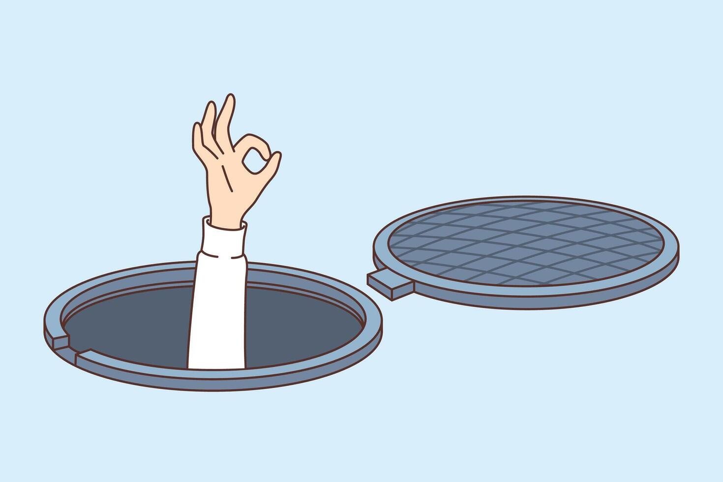 Stress-resistant man shows okay gesture after falling into open manhole while walking down street vector