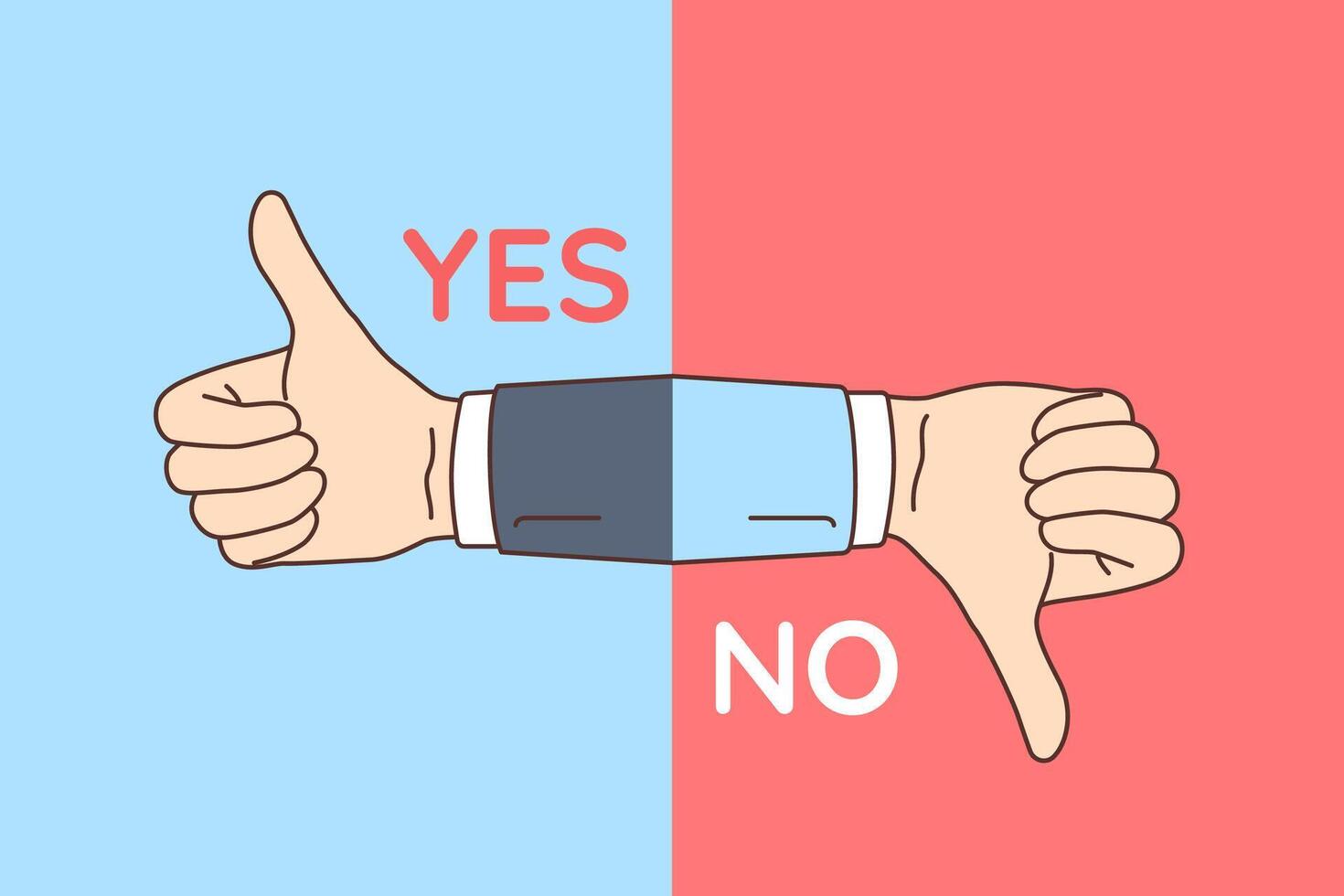 Solution is demonstrated by thumbs up or thumbs down hand gesture with yes or no written vector