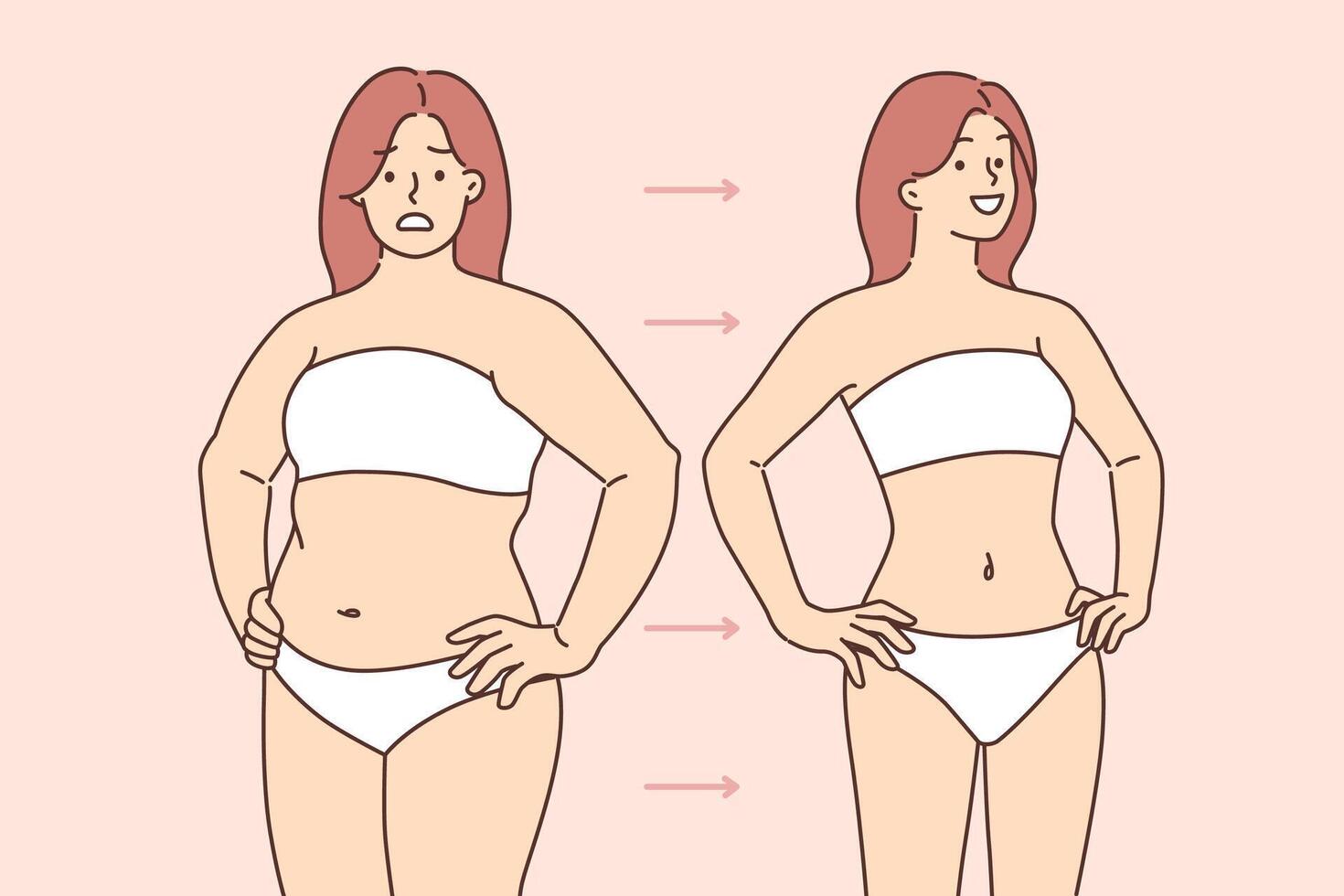 Fat woman has lost weight and acquired beautiful figure thanks to liposuction or regular fitness vector