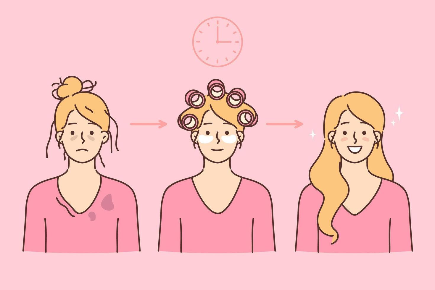 Women use cosmetic mask and curlers to get rid of dark circles under eyes and get good hairstyle vector