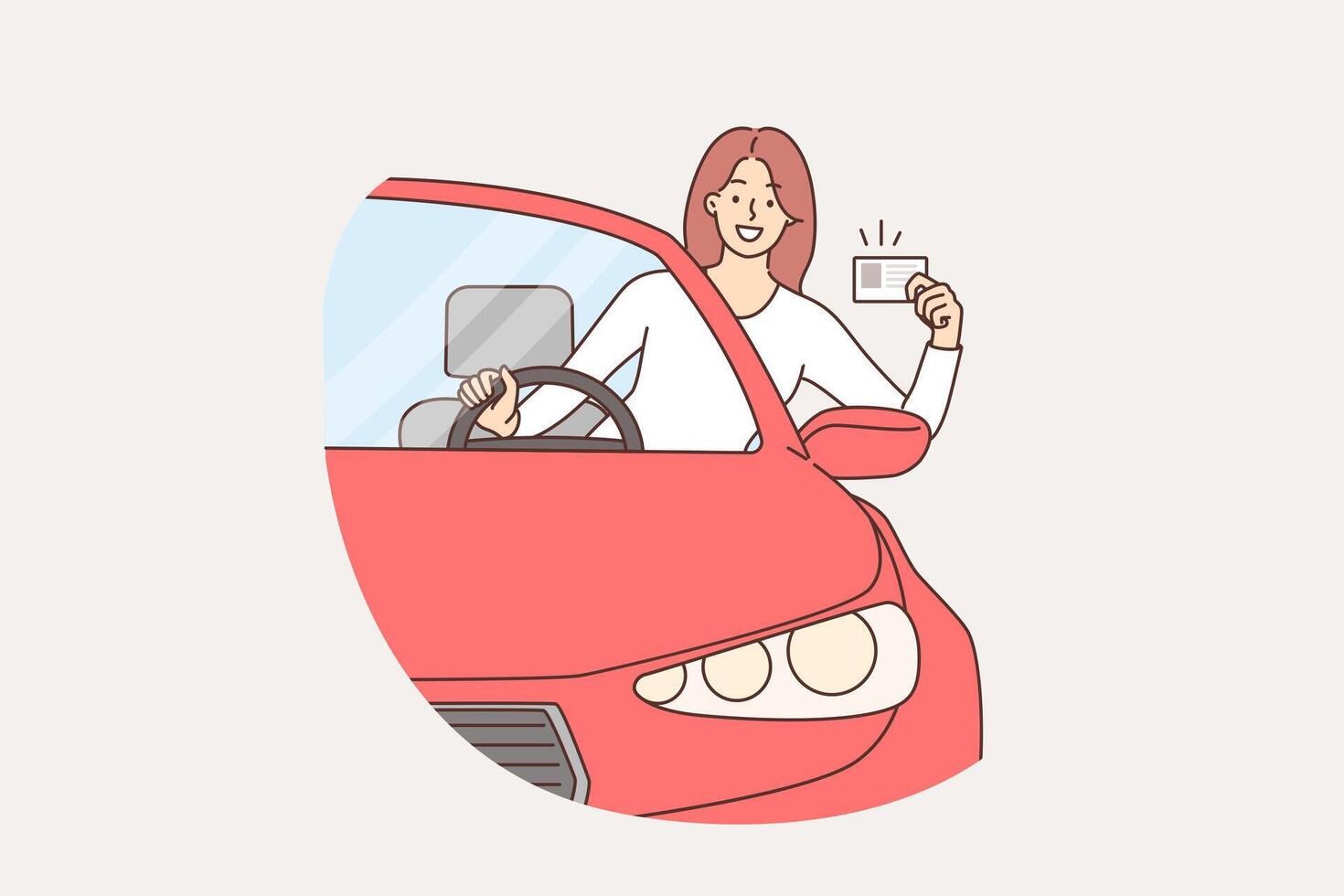 Woman demonstrates driver license sitting behind wheel of car and leaning out of window vector
