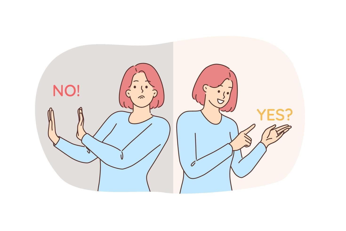 Women demonstrate agreement and negation by standing next to words yes or no, after hearing sentence vector