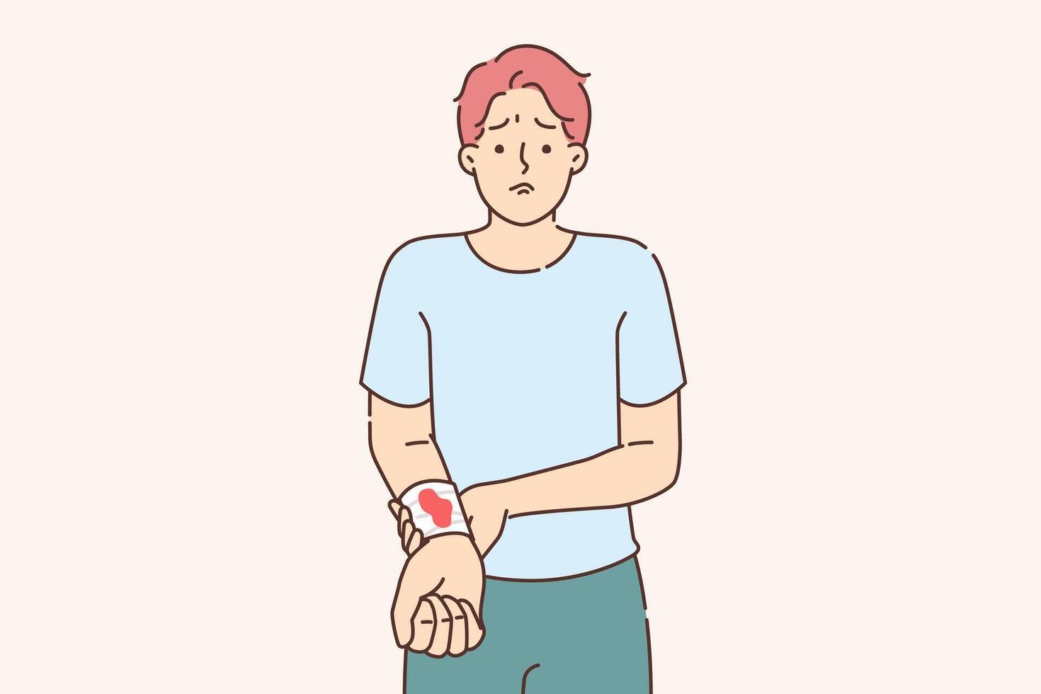 Diabetes symptom in upset man with blood stain on hand feeling problem of slow wound healing vector