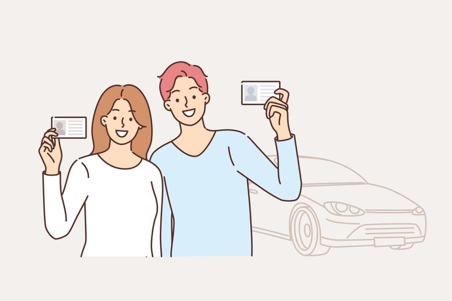 Driving school graduated men and women who received driver license and right to drive car vector