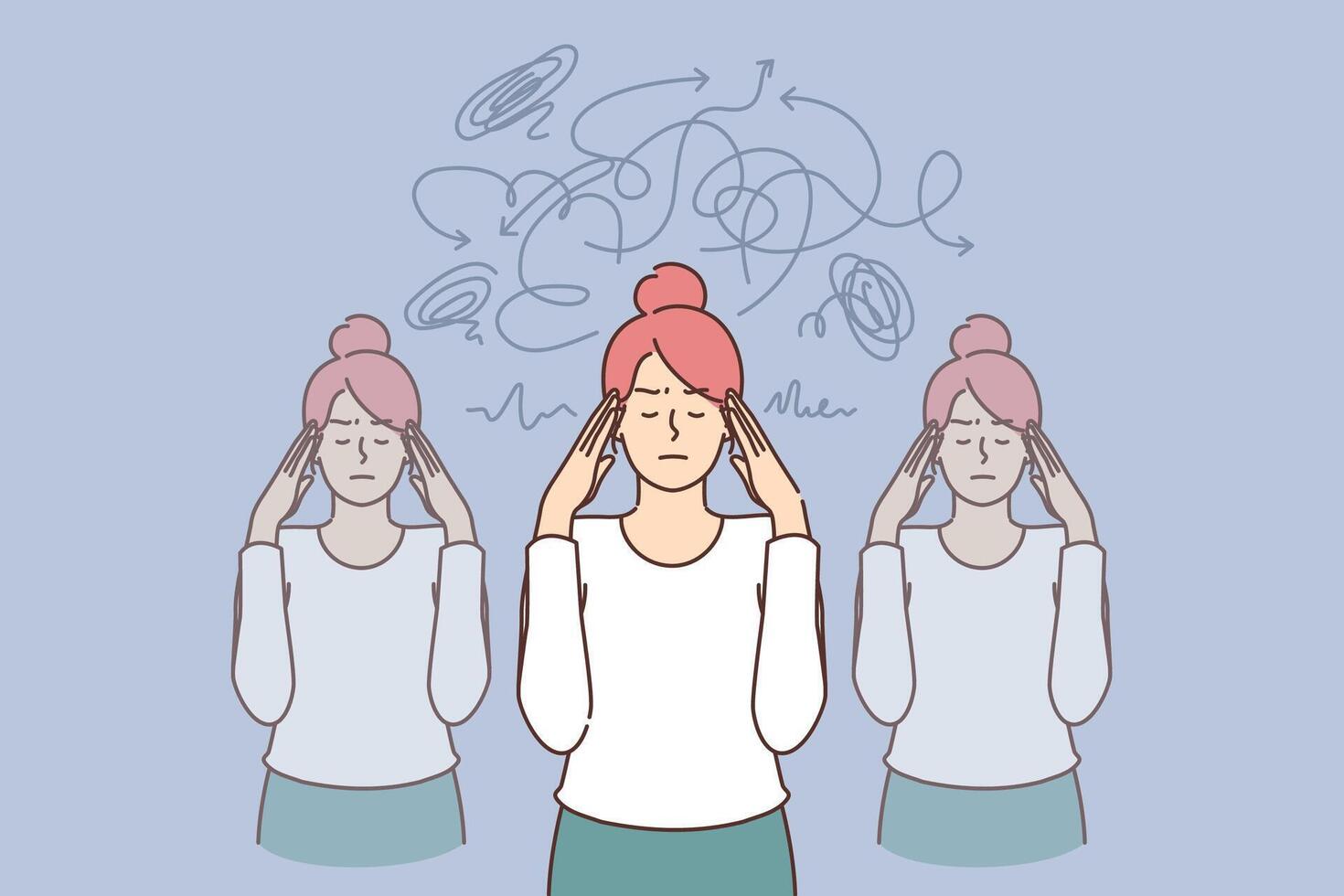 Embarrassed woman feels chaos in thoughts and grabs head with hand, trying to come to senses vector
