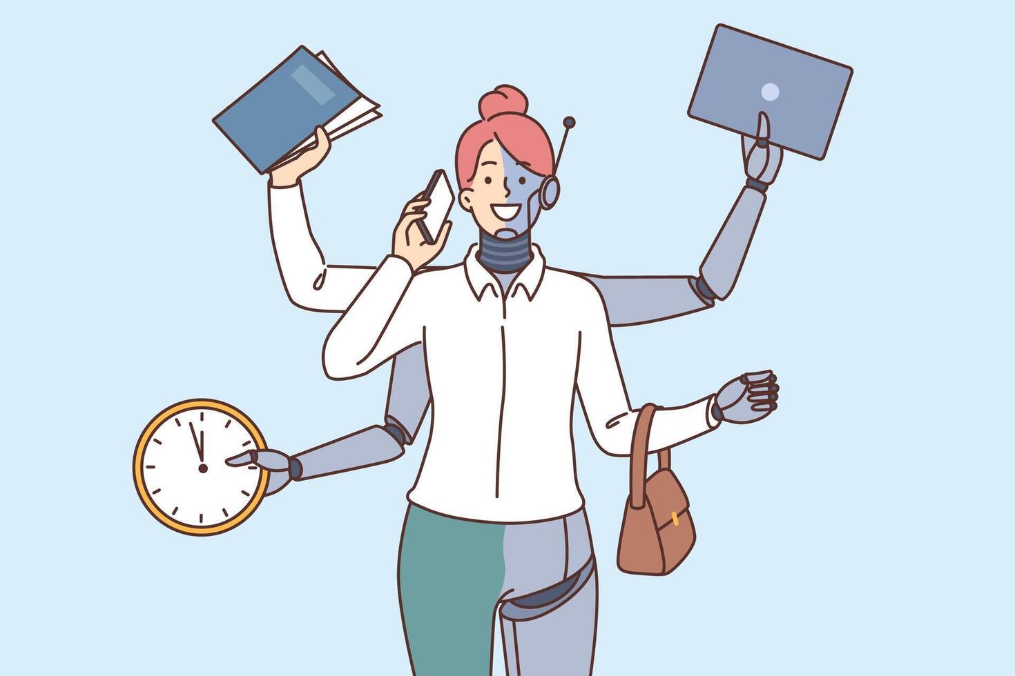 Cyborg woman with many hands multitasking thanks to integration with modern technology and AI vector
