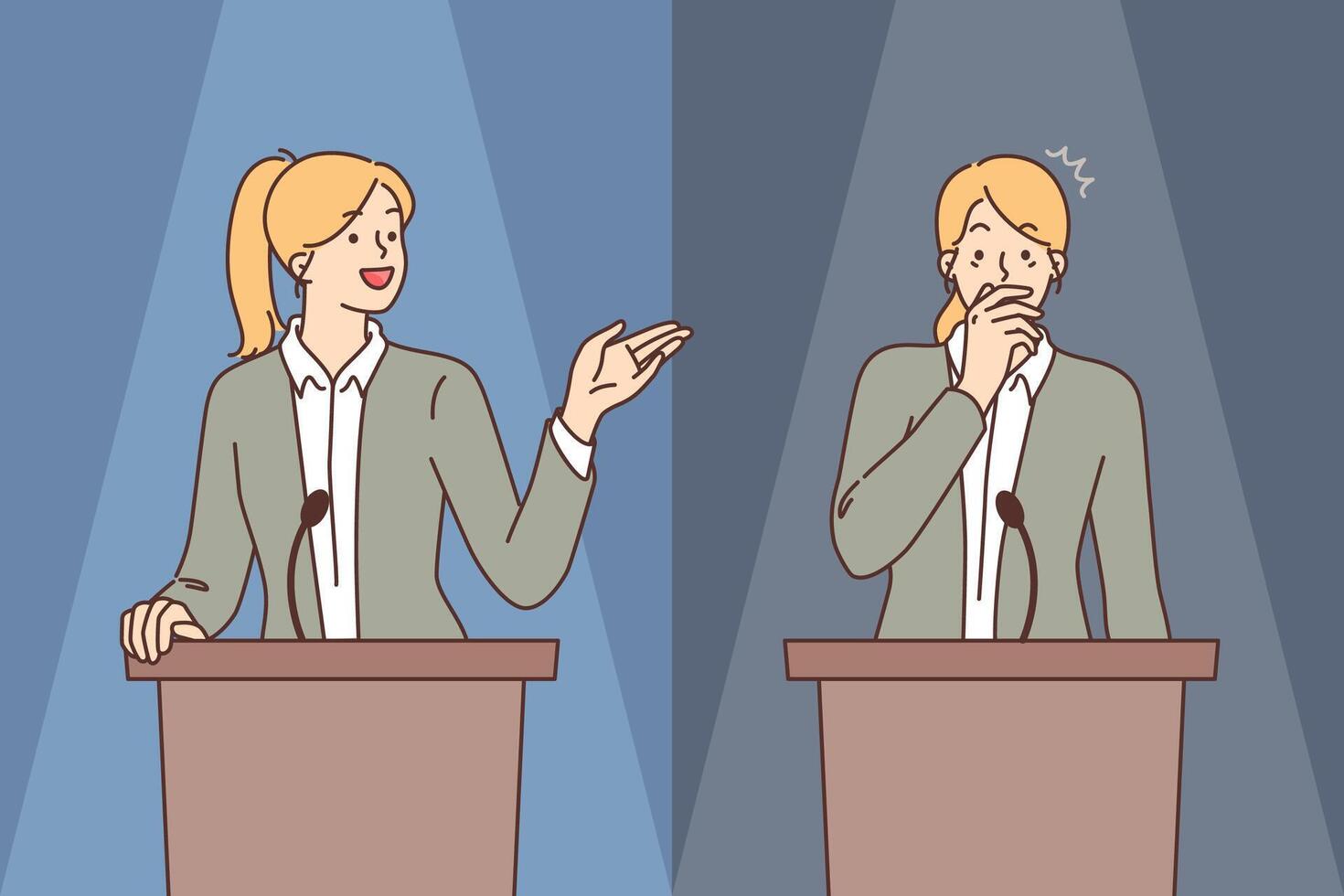 Glossophobia and fear of public speaking is demonstrated by women standing behind podium vector