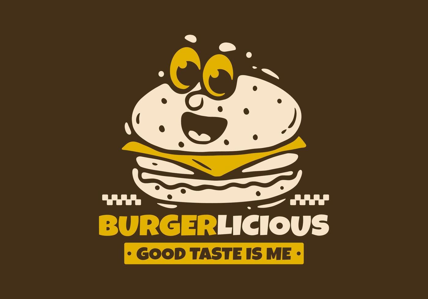 Burgerlicious. Burger illustration with face illustration in cartoon style. dark brown background vector