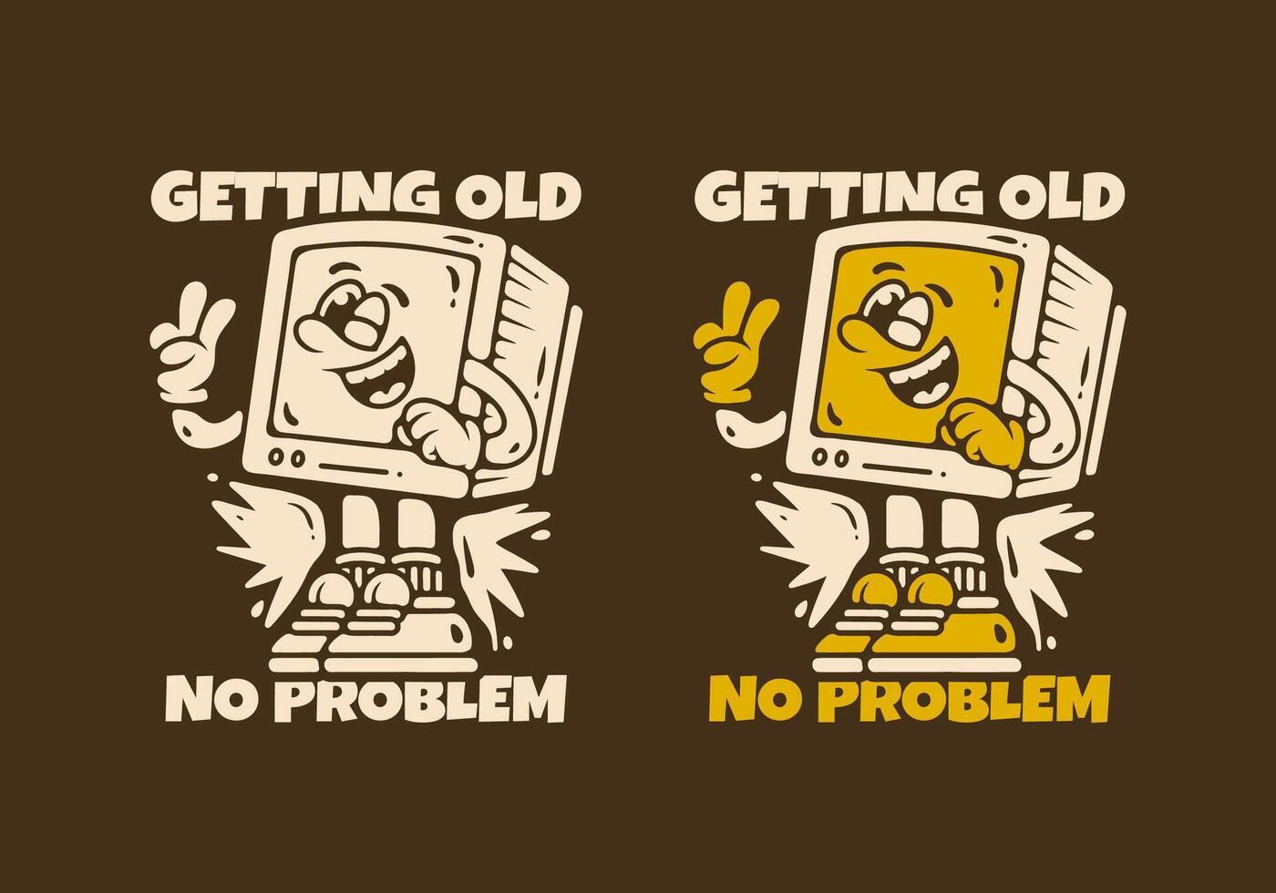 Box monitor character with peace hand in yellow brown colors. Getting old no problem. In 2 different colors vector