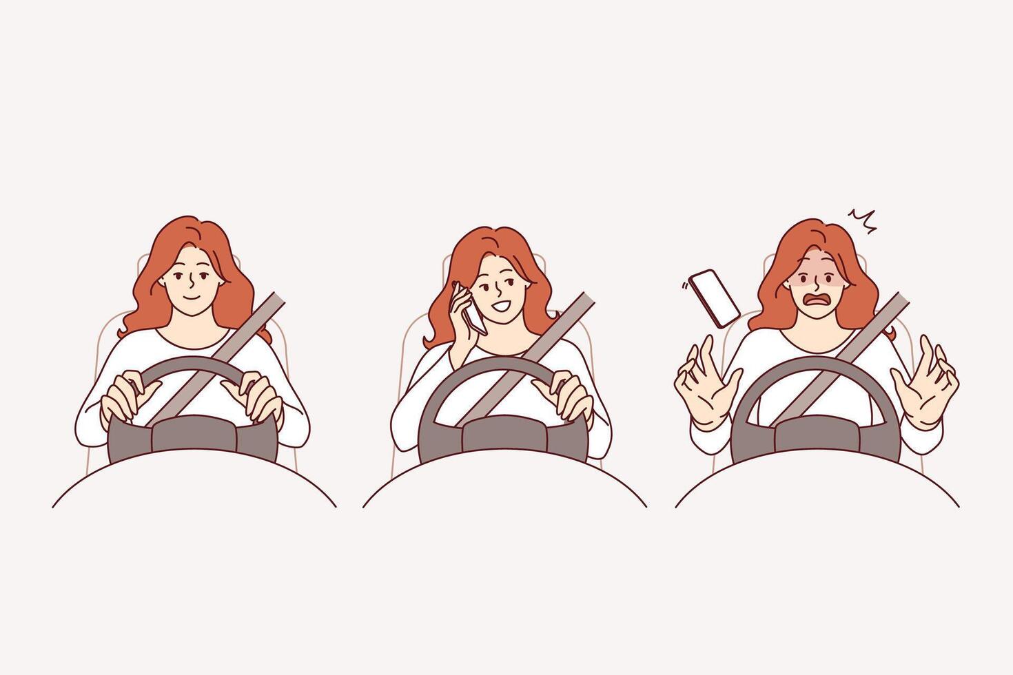 Woman gets into car accident because she makes phone call driving and violates traffic rules vector