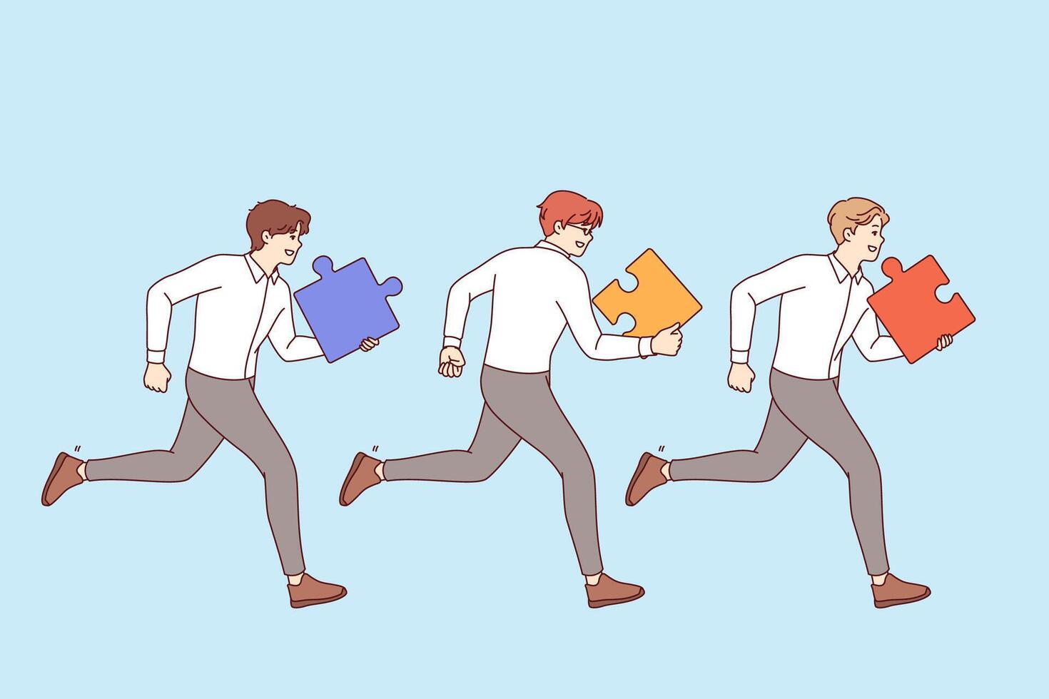 Teamwork of business men running together side by side with puzzle pieces in hands to complete task vector