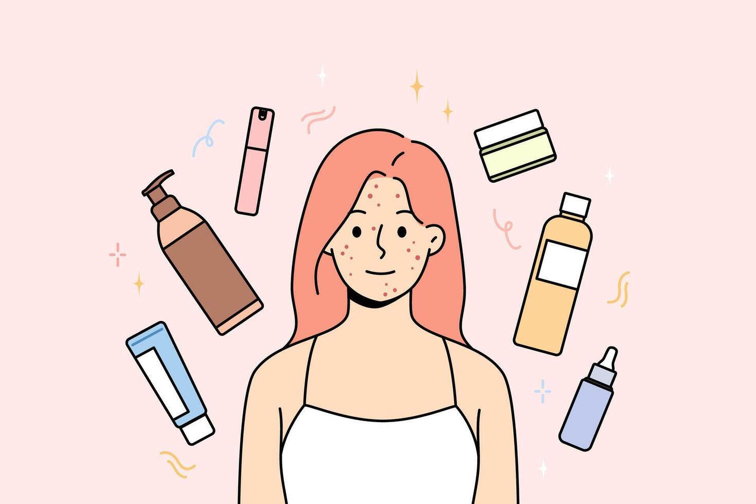 Woman with freckles and pimples on face smiles, stands among jars of creams and gels or shampoos vector