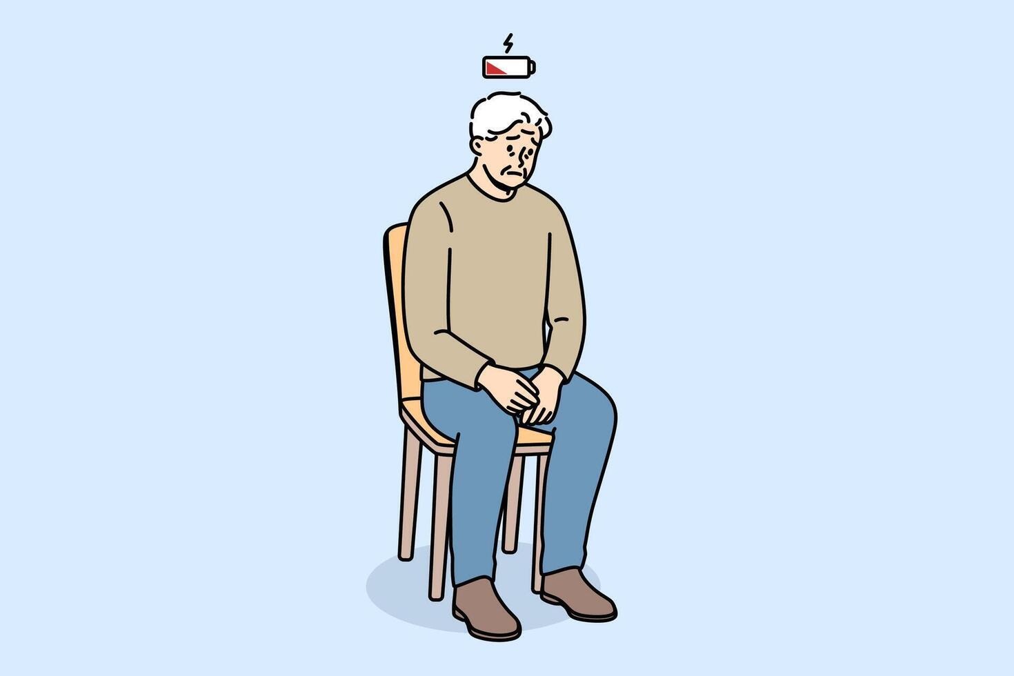 Depletion of vitality is felt by elderly man sitting on chair, with empty battery above head vector