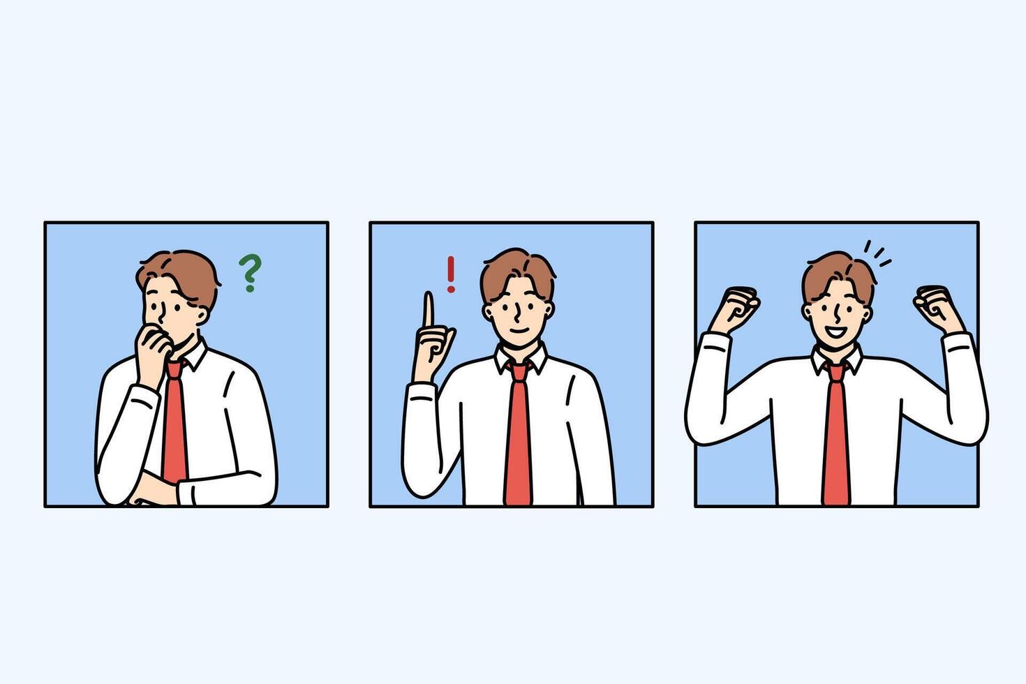 Business man thinks about question and rejoices after finding solution or having good idea vector