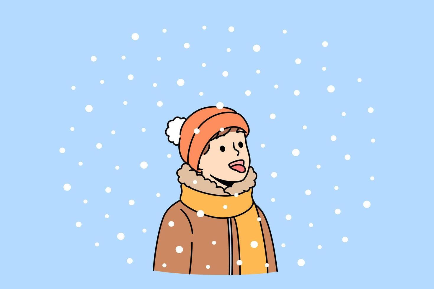 Litle boy opens mouth and eating snow, enjoying winter weather and new year mood vector
