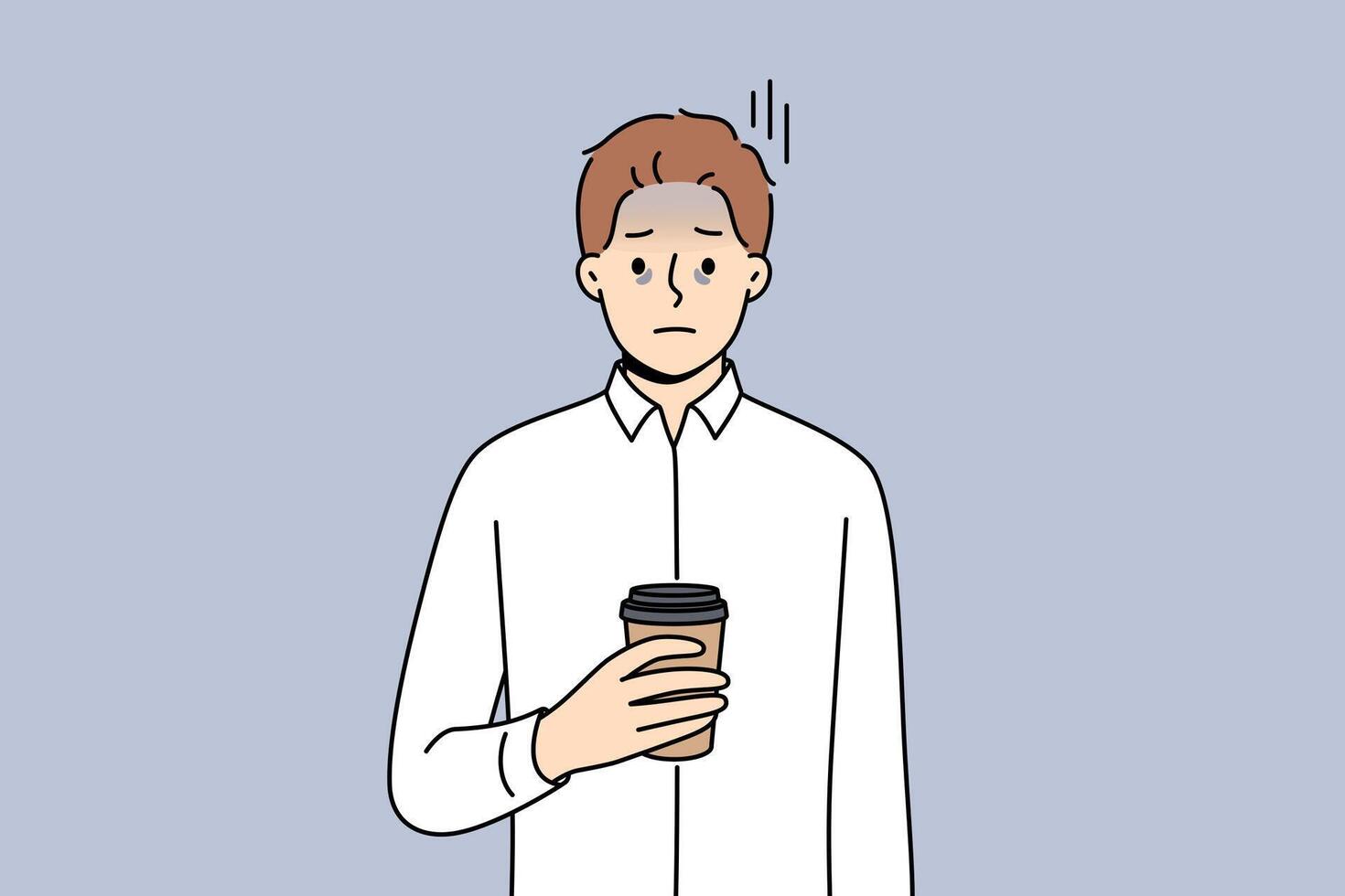 Tired business man suffering from exhaustion and burnout and holding paper cup of coffee in hands vector