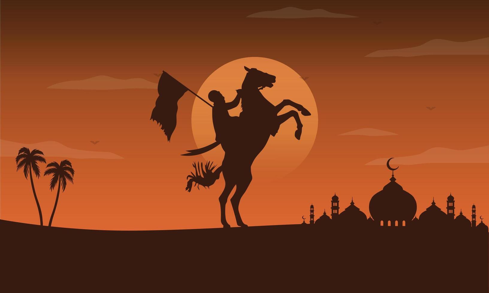 Muslim warrior on horse carrying a flag illustration vector
