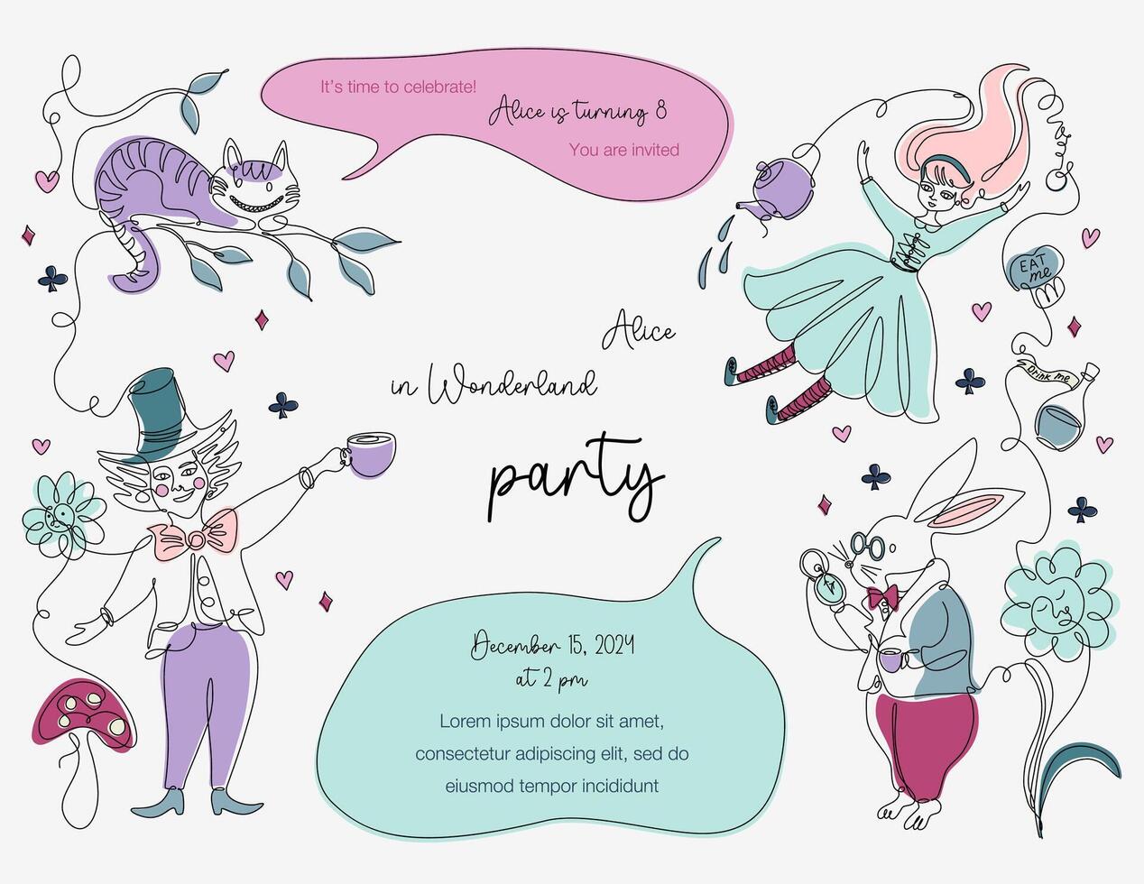 Alice in Wonderland birthday party invitation card. Horizontal template with characters and symbols of famous fairy tale. Line art style design. Hand drawn illustration. vector
