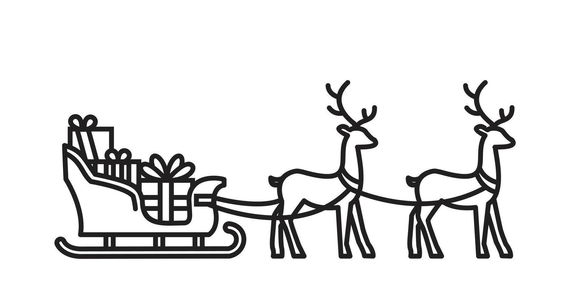 santa claus sleigh with gifts pulled by reindeer in monoline, christmas icon for greeting, suitable for poster and web icon vector