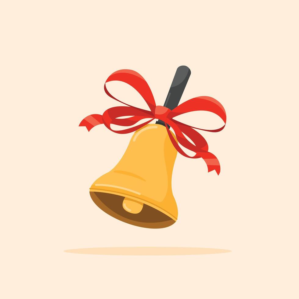 golden lesson school bell with red ribbon in flat style, christmas celebration decoration suitable for poster and web icon vector