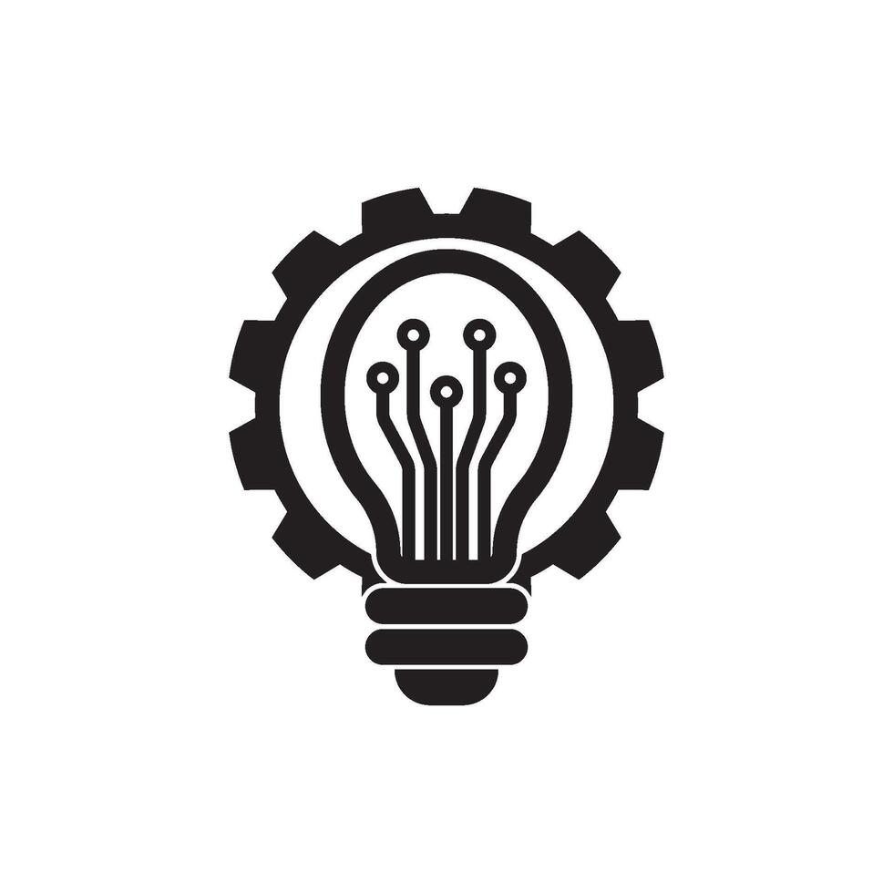 A black and white image of a light bulb with gears inside vector