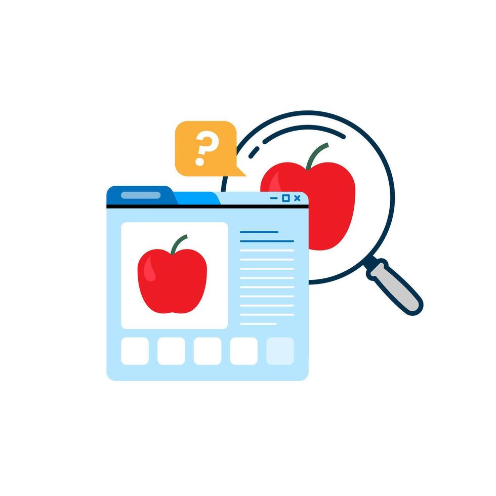 illustration of image recognition or visual search concept. webpage interface displaying an object with descriptive text, representing advanced AI technology that identifies and provides information vector