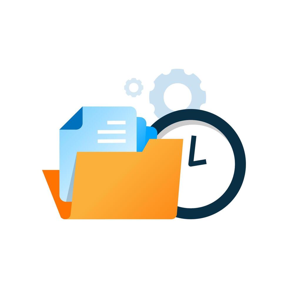 illustration of a document folder with clock and gear, document processing or verification. workflow management, system operations, or administrative tasks in business or office related projects vector