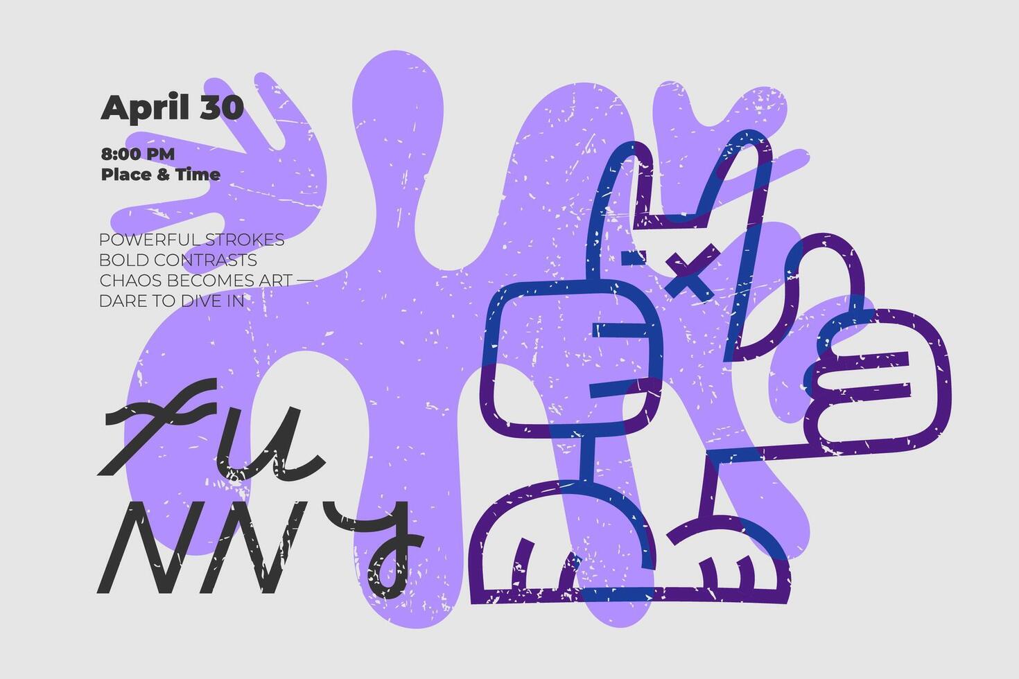Playful graffiti-inspired poster template with bold character, vibrant colors, and retro scratches. Creative font enhances modern art vibe, perfect for customizable fashion design projects vector