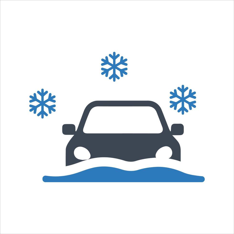Car stuck in snow icon. Driving in deep snow icon vector