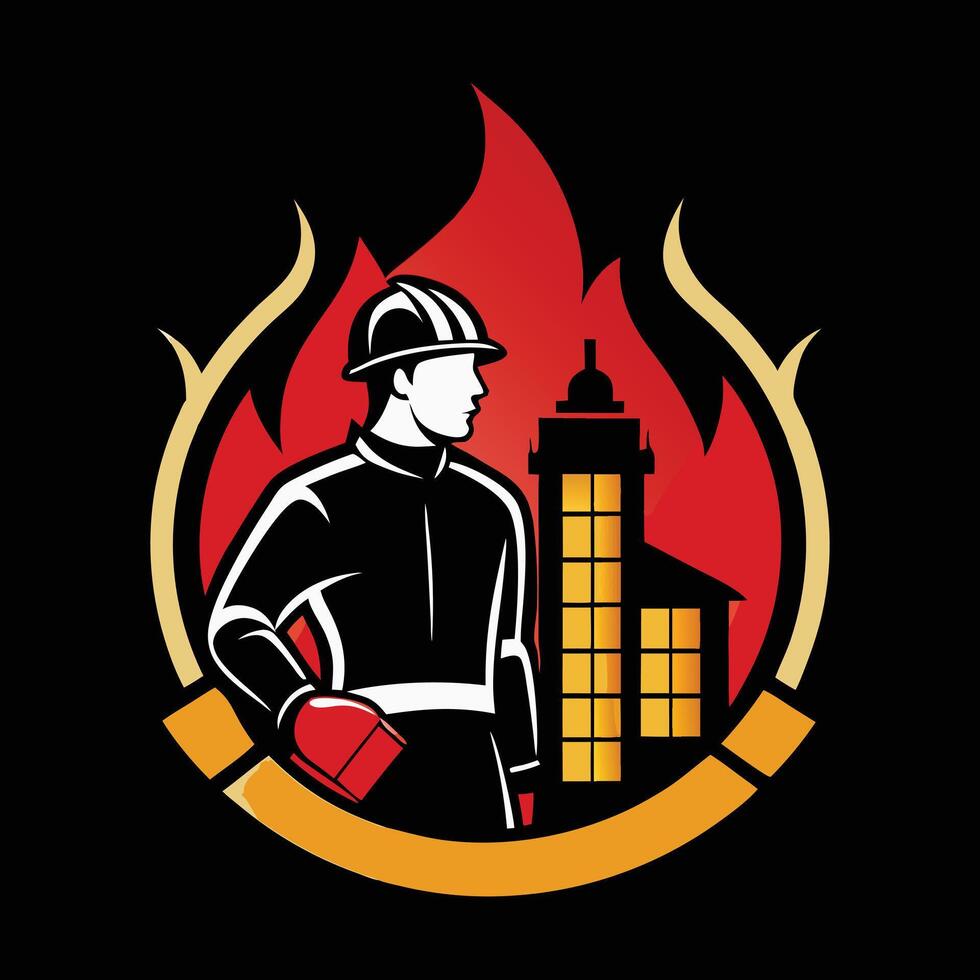 firefighter with fire helmet and fire hose in background vector