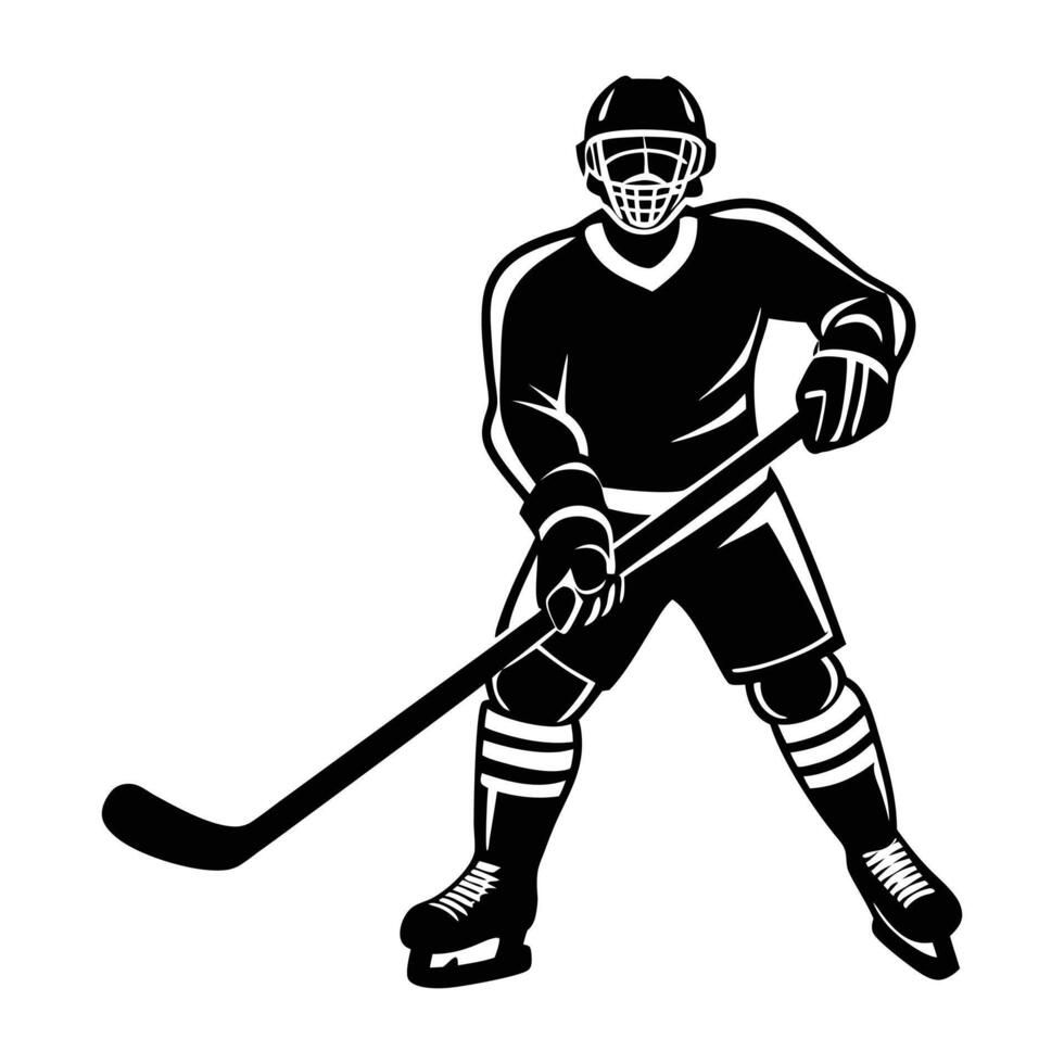 a black and white silhouette of a hockey player vector