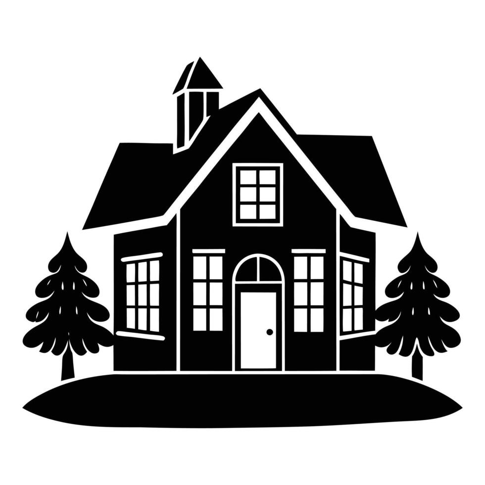 a black and white silhouette of a house with trees vector