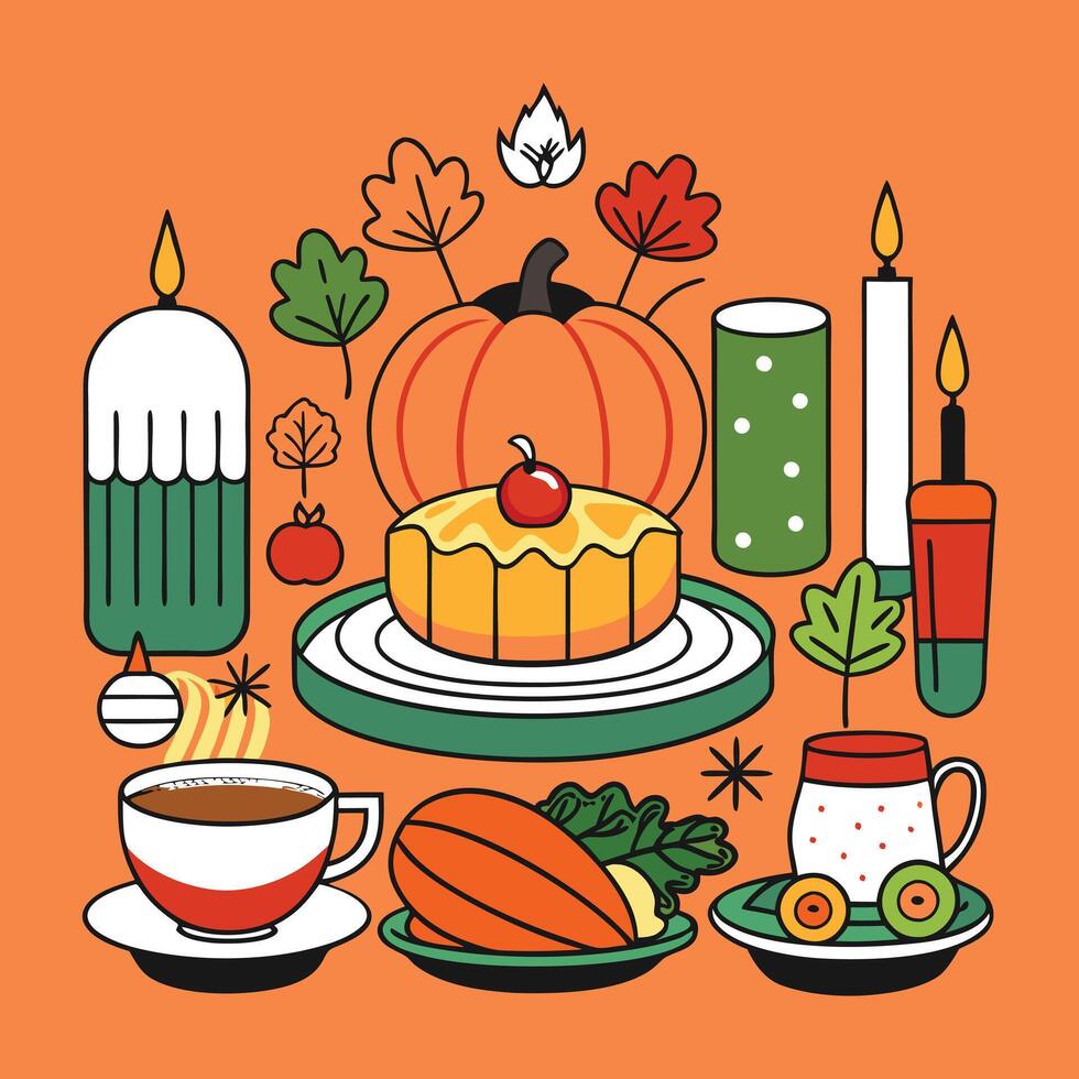 thanksgiving dinner with pumpkin pie, candles and other items vector