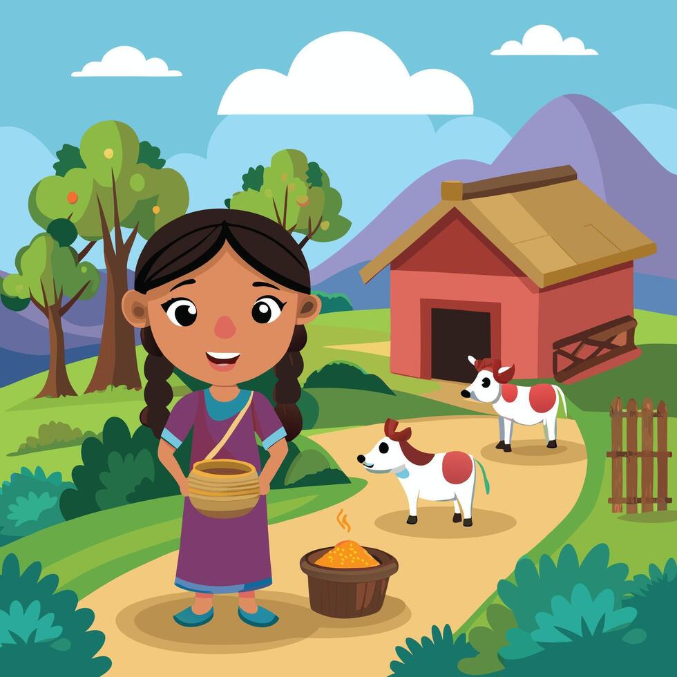 Indian girl with cow and her family in the countryside vector