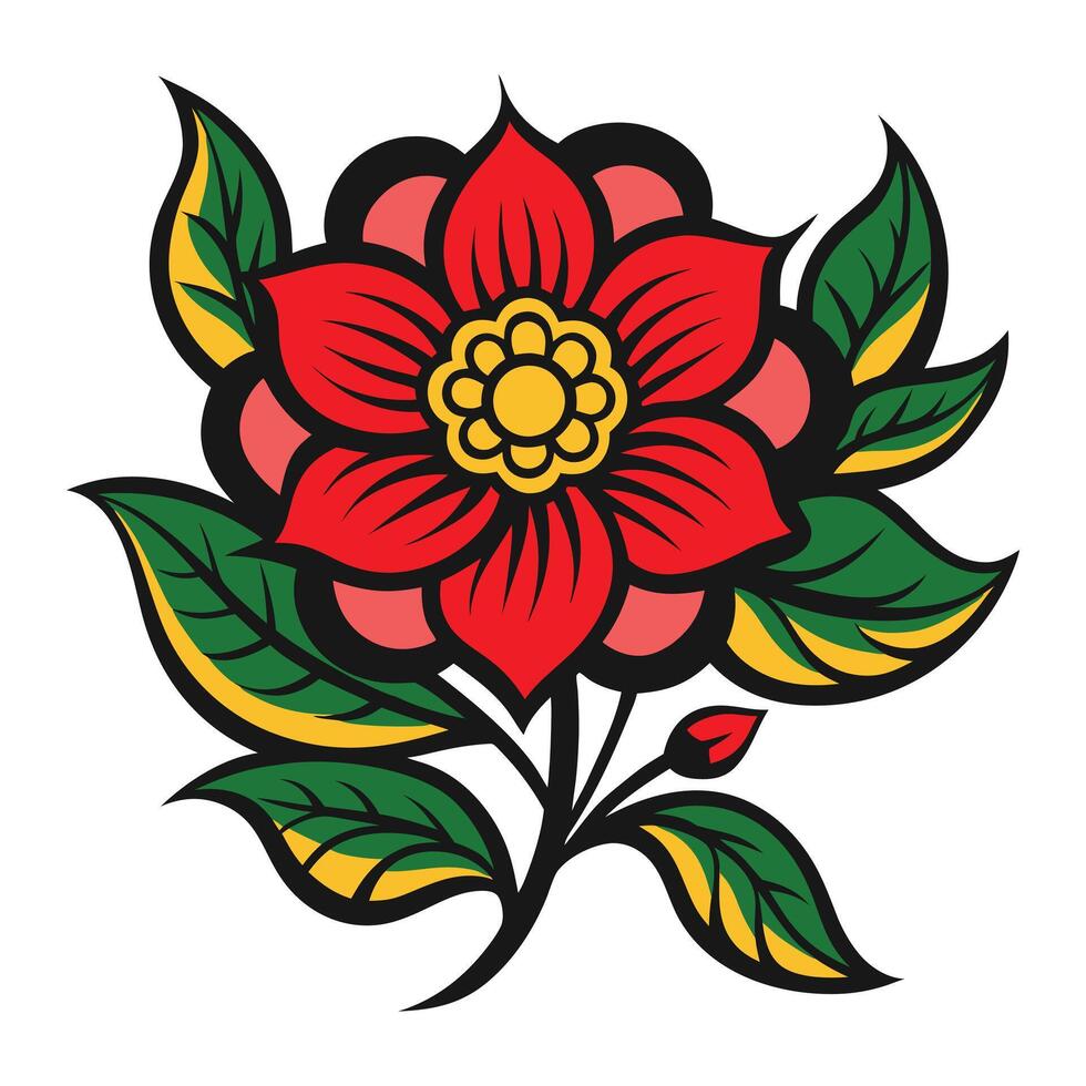 red flower with green leaves and leaves on white background vector