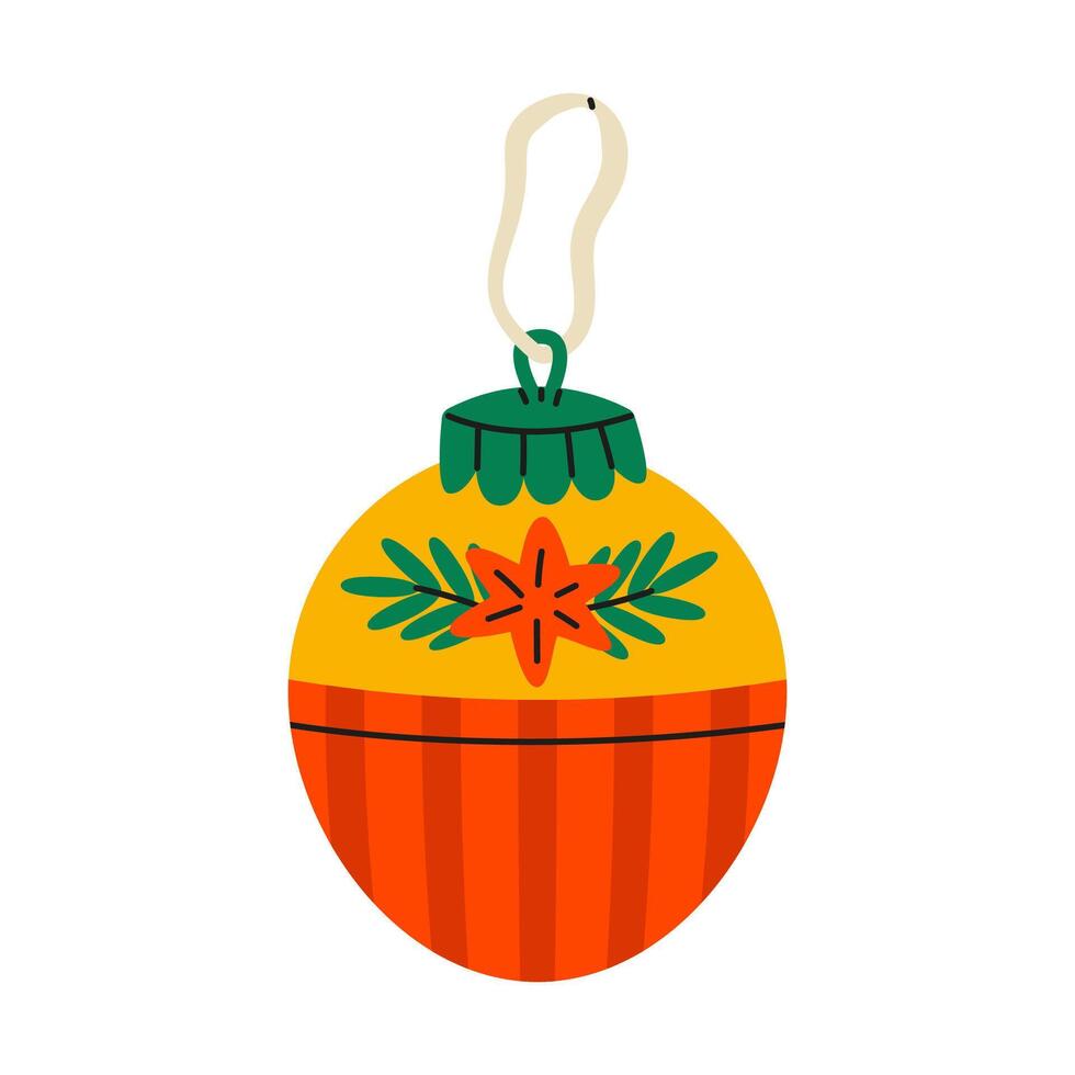 Christmas tree decoration ball. Decorative toy suspended on lace. Flat illustration isolated on white background. vector