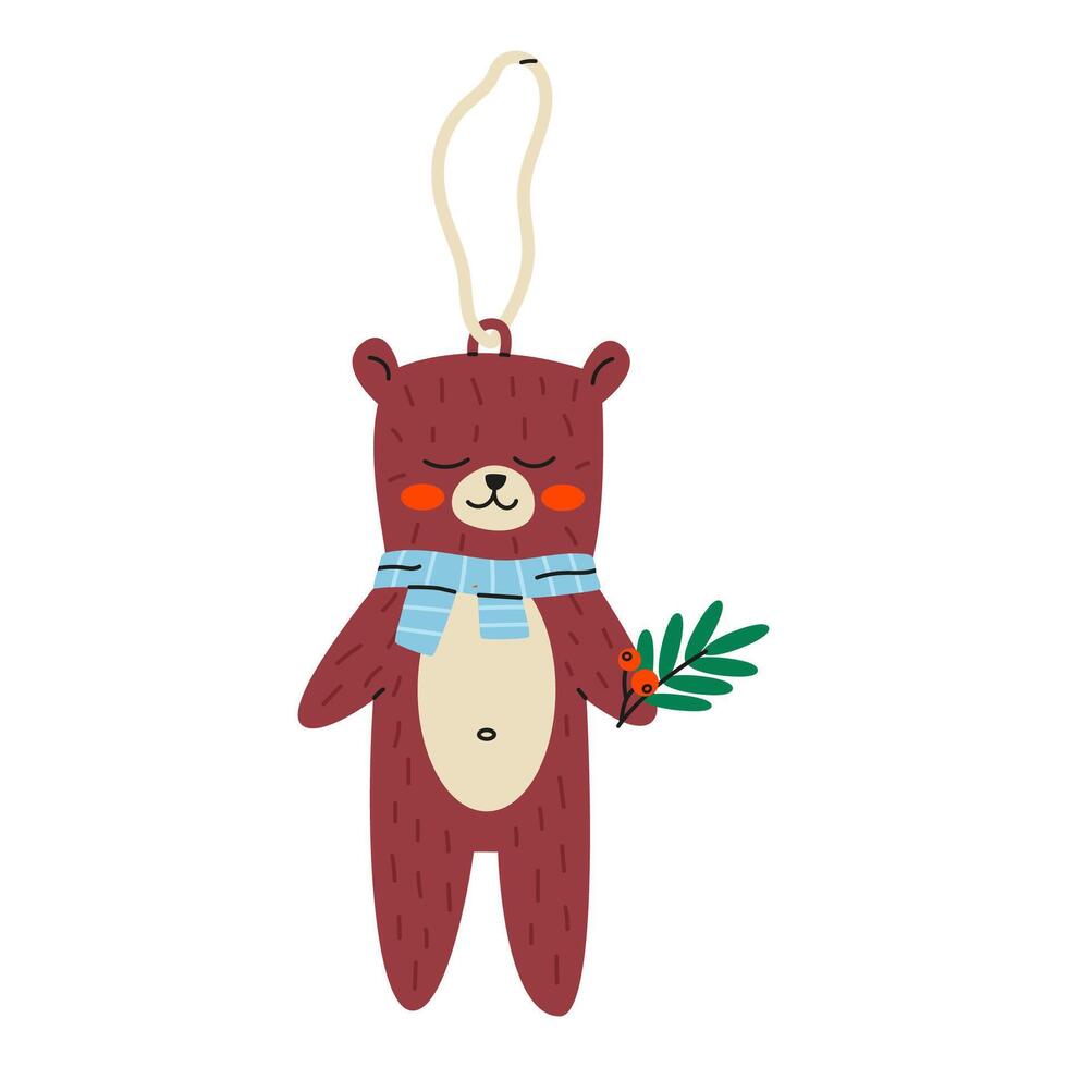 Christmas tree decoration bear. Decorative toy suspended on lace. Flat illustration isolated on white background. vector