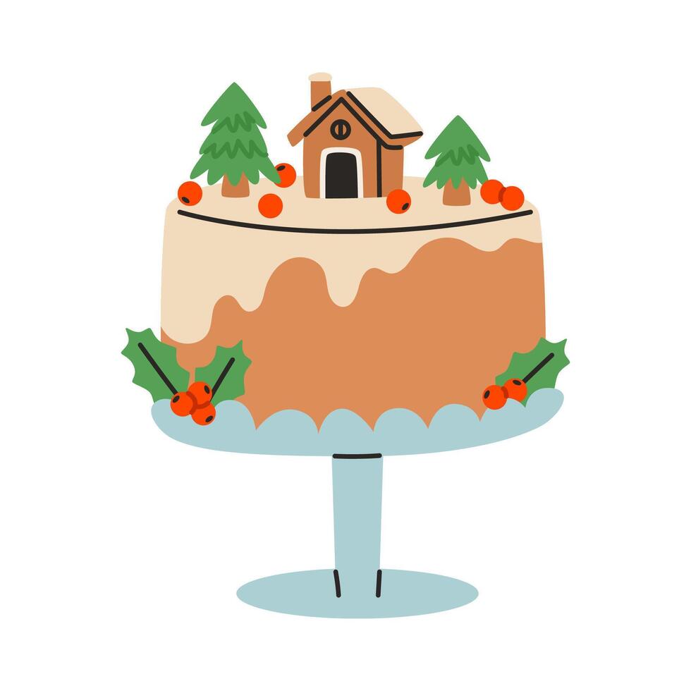 Christmas cake with cute winter house berries. Festive Gingerbread Bundt Cake with Creamy Glaze. Flat illustration isolated on white background. vector