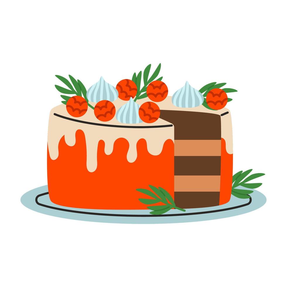 Colorful Christmas cake with meringue. Festive Gingerbread Bundt Cake with Creamy Glaze and sweet Toppings. Flat illustration isolated on white background. vector