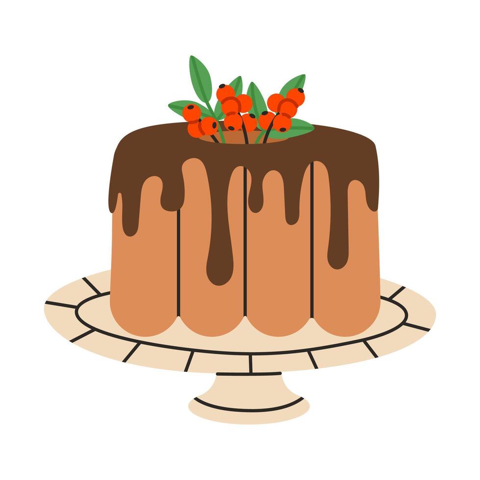Christmas cake with holy berries. Festive Gingerbread Bundt Cake. Flat illustration isolated on white background. vector