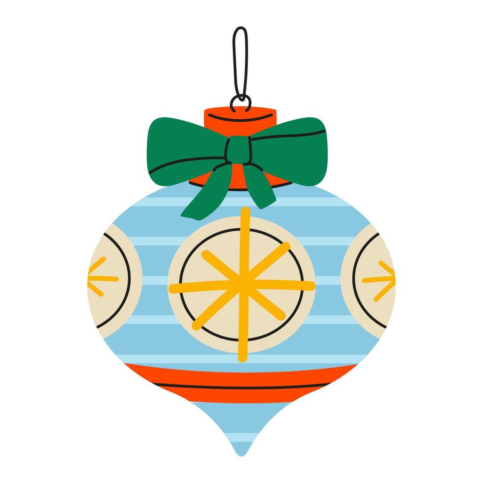 Christmas tree decoration ball with bow. Decorative toy suspended on lace. Flat illustration isolated on white background. vector