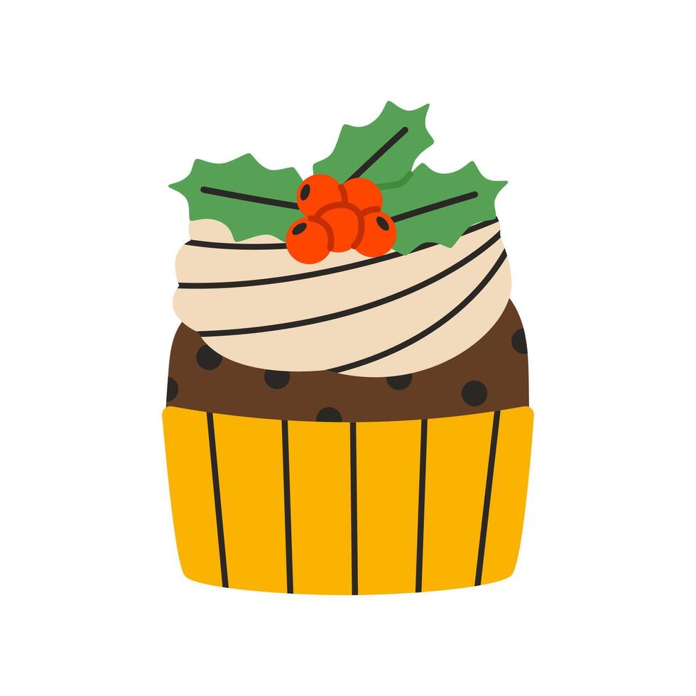 Christmas cupcake with berries. Flat illustration isolated on white background. vector