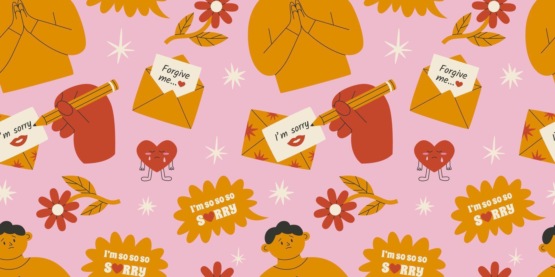Sorry seamless pattern. Apologizing man and letter of forgiveness. Flat illustration. vector