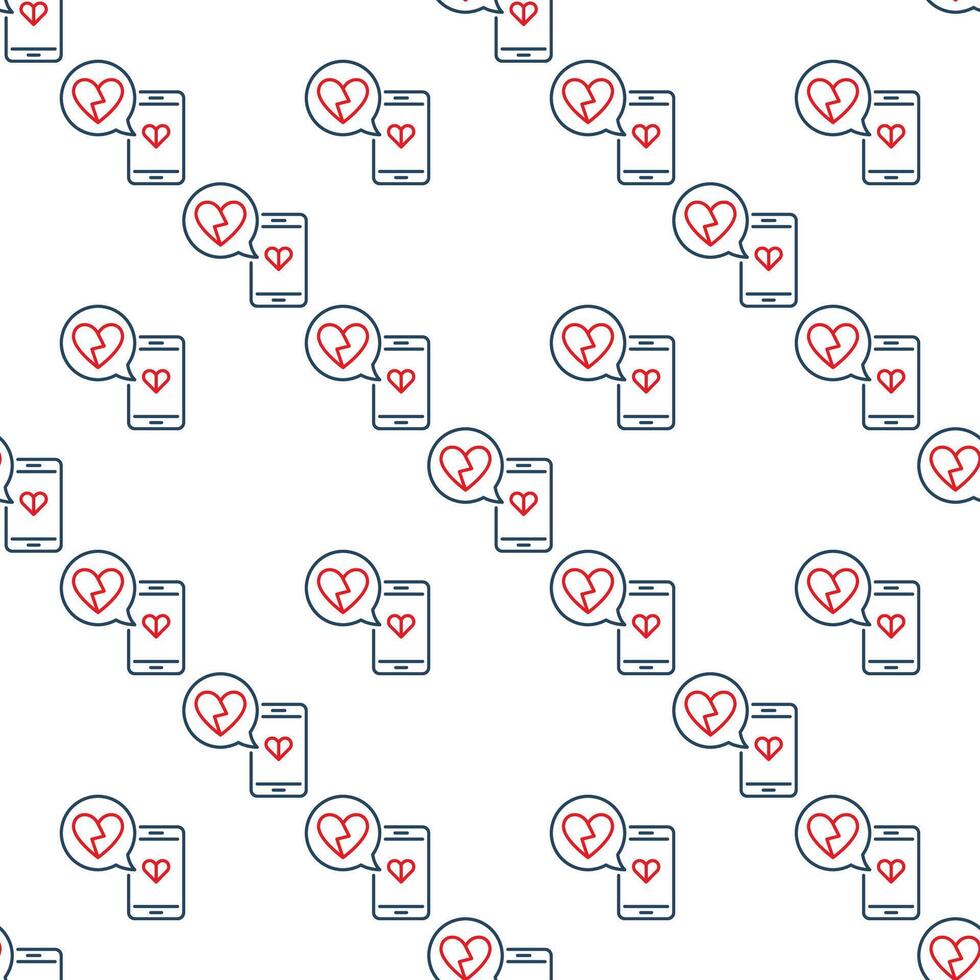 Smartphone with Broken Heart in Speech Bubble outline seamless pattern vector